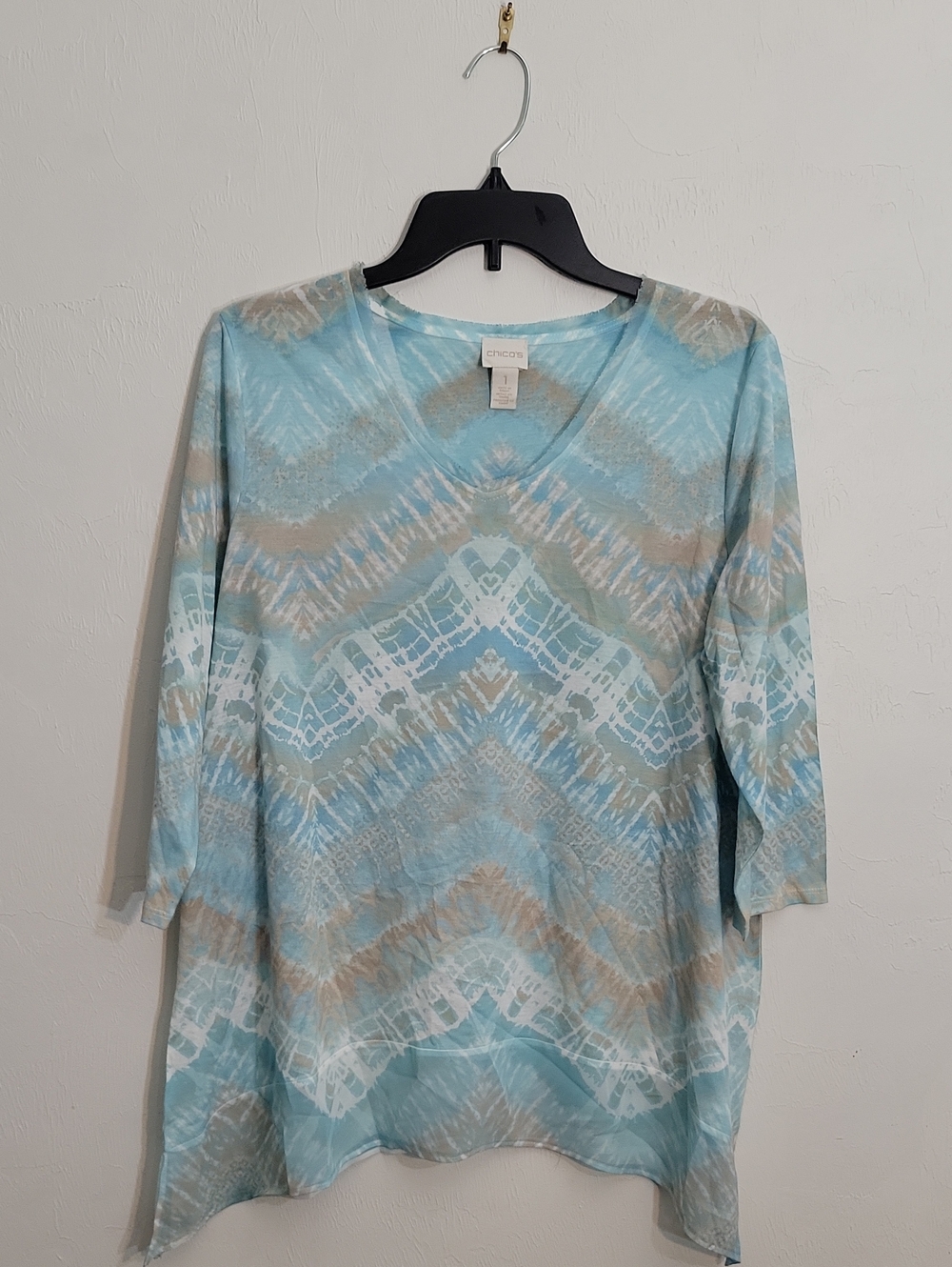 Chico's Light Blue, Cream & Tan Tie-Dye V-Neck Long Sleeve Top